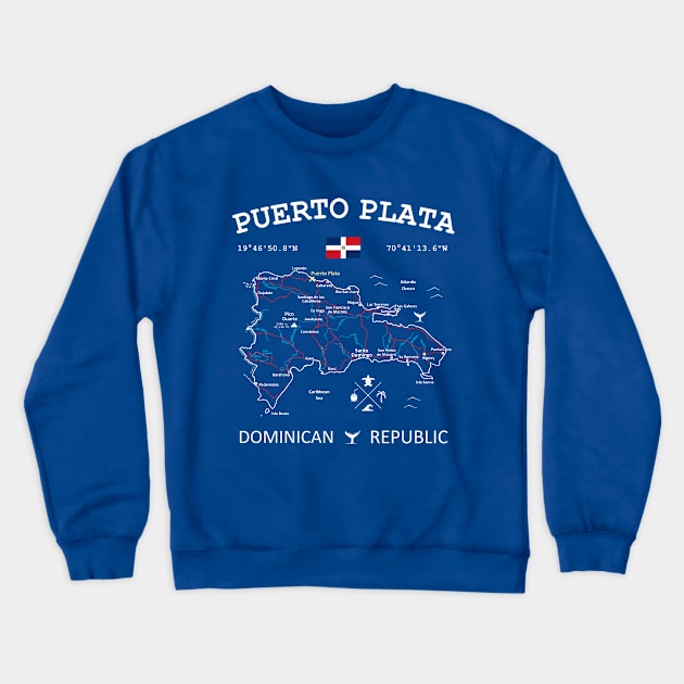 Puerto Plata Dominican Republic Flag Travel Map Coordinates GPS Crewneck Sweatshirt by French Salsa